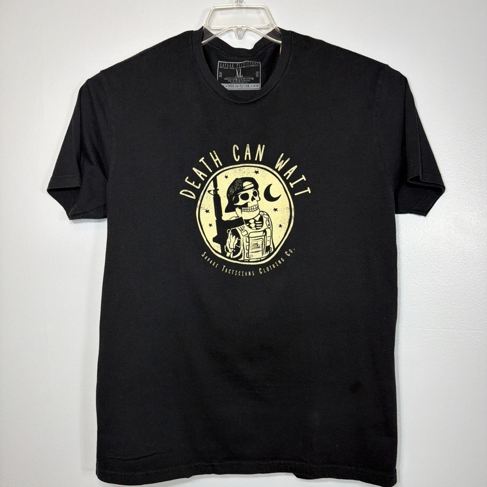 Savage Tacticians Men's Death Can Wait Rifle Skeleton Graphic T-Shirt Size XL